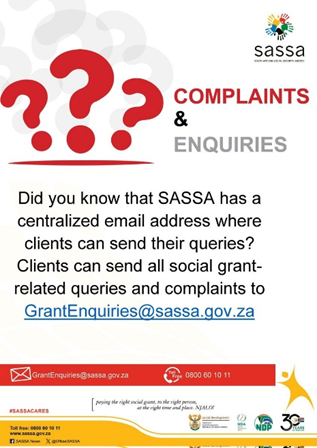 Did you know that SASSA has a centralised email address where clients can send queries and complaints? #SASSACARES @GCISGauteng @GCIS_IRC @OfficialSASSA @GovernmentZA