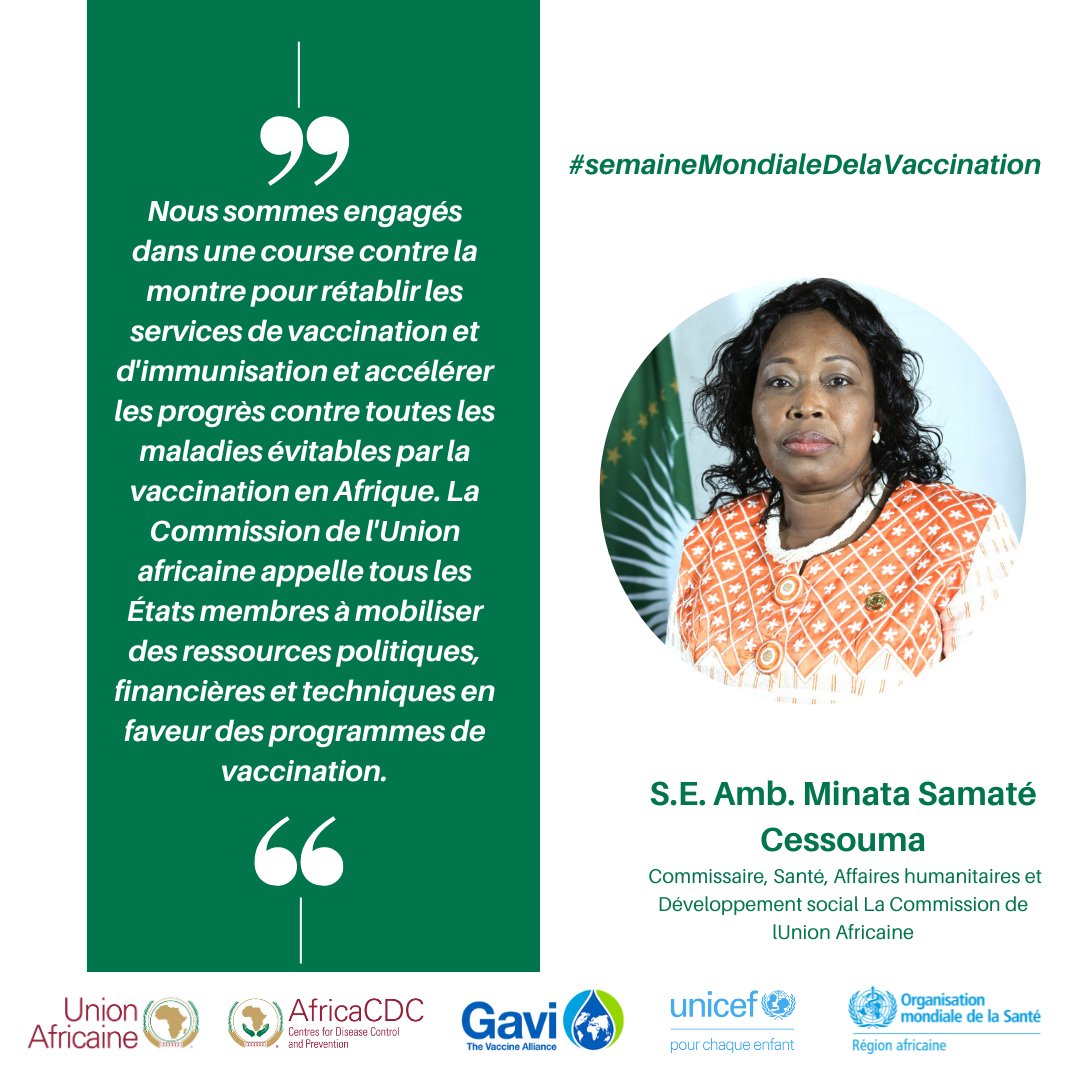 'L'@_AfricanUnion appelle tous les États membres à accroître les investissements politiques, financiers et techniques dans les programmes de #immunisation qui peuvent accélérer les progrès vers l'accès universel à la vaccination en Afrique.' @AmbSamate #SemaineAfricaVaccination