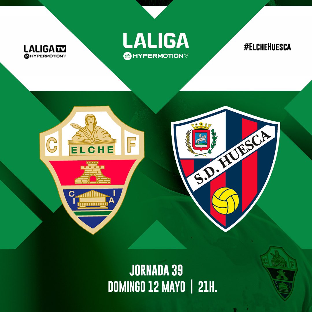 ‼️Ya hay horario para el Elche-Huesca correspondiente a la jornada 39. 🗓️ Domingo 12 de mayo ⏰ 21:00 #ElcheCF