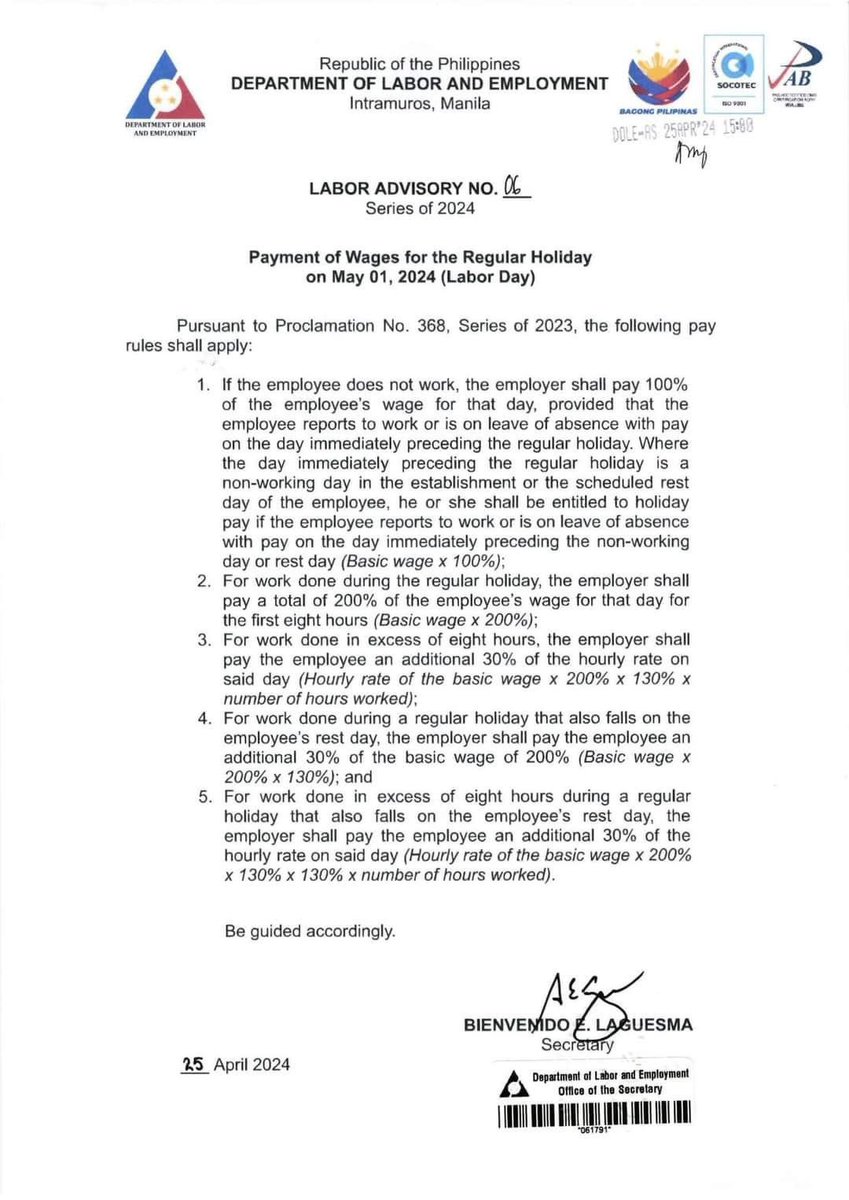 READ: DOLE, naglabas ng labor advisory kaugnay sa tamang pasahod sa mga empleyadong papasok sa May 1 o Labor Day @dzbb