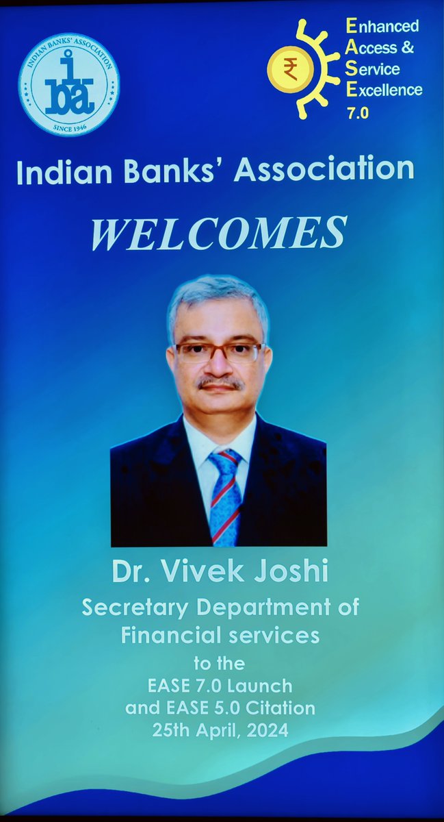 Indian Banks' Association's event on EASE 7.0 reforms launch will commence shortly in the presence of Hon'ble Secretary Dr. Vivek Joshi at 6:30 PM today @DFS_India @ChairmanIba @PIB_India #banks