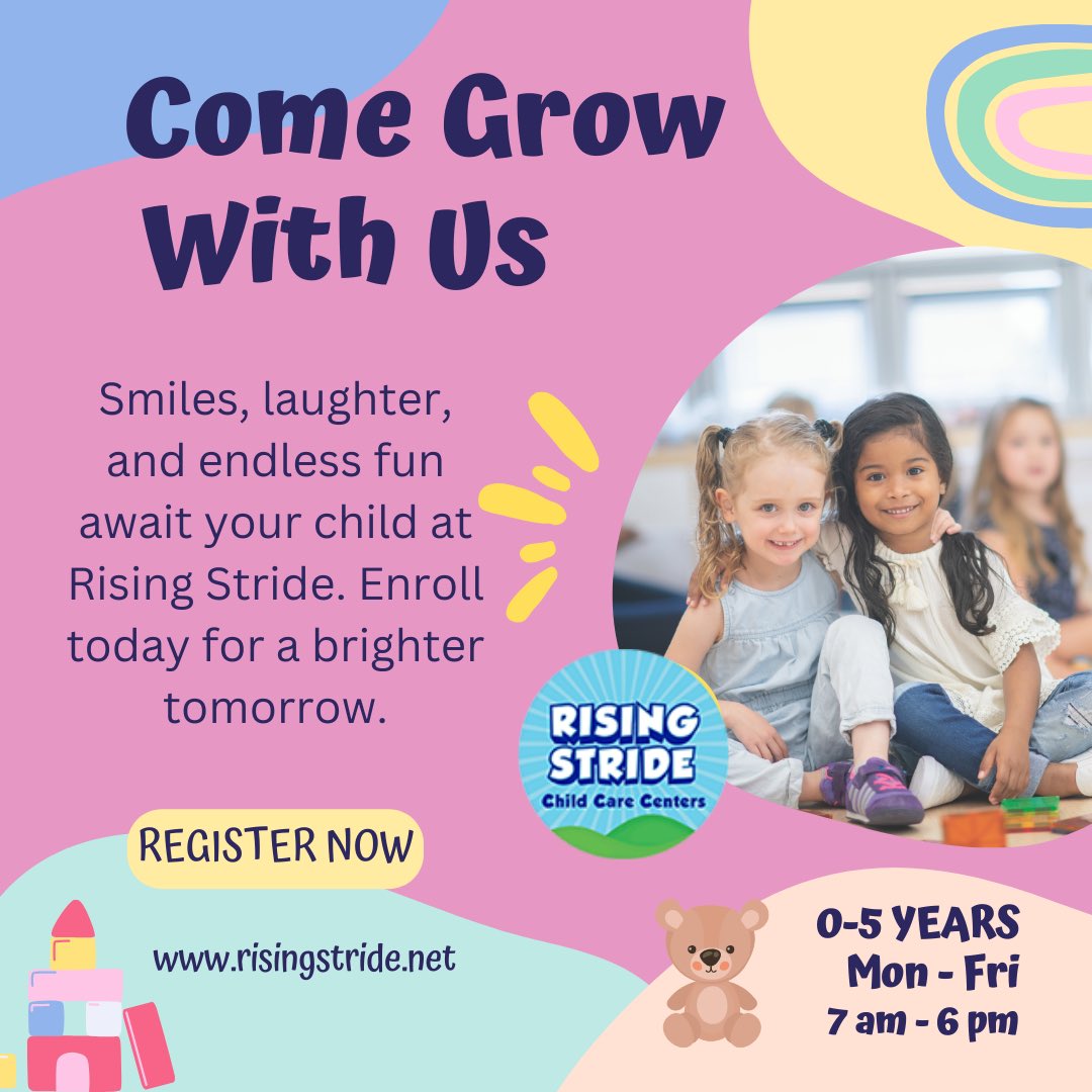 Discover the magic of childhood at Rising Stride Child Care Centers, where little hearts blossom into bright stars. Let’s grow together. risingstride.net
#qualitychildcare #preschool 
#toddler #ChildCareCenter #earlylearning #delco #risingstride