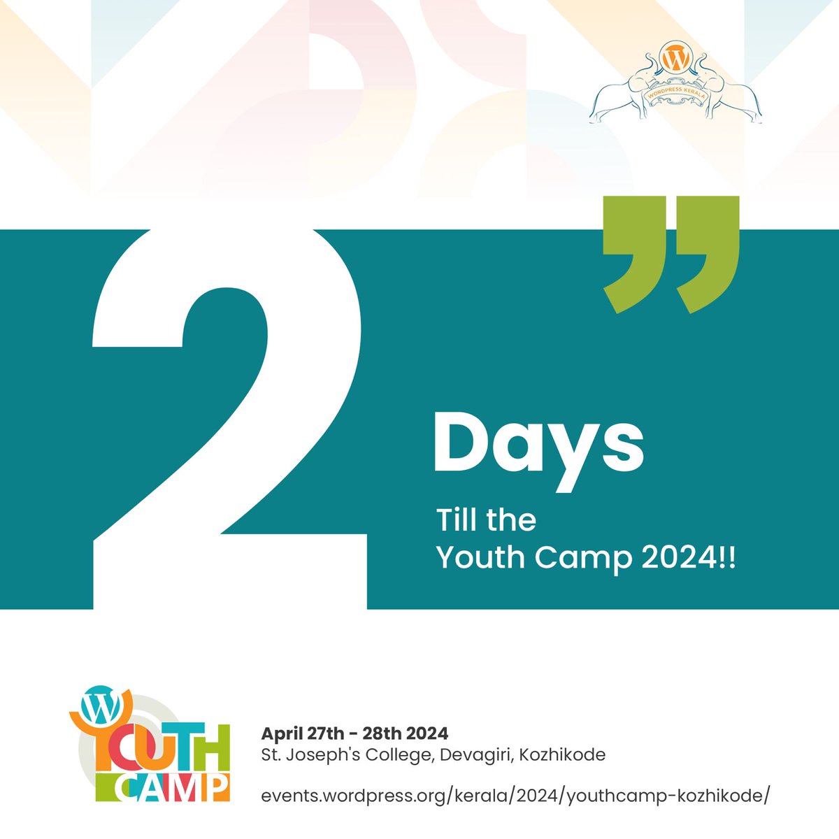 ⏰ ONLY TWO MORE DAYS UNTIL #YouthCamp #Kozhikode 🚨
We have very limited seats left for this exciting #WordPress workshop for students. Get your tickets and join us on Apr 27-28 at St Josephs College Devagiri to learn & build your first website! 
events.wordpress.org/kerala/2024/yo…