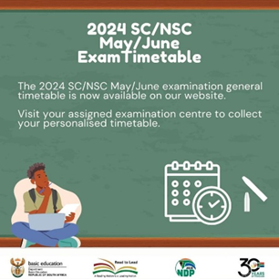 Attention 2024 SC and NSC candidates! The May/June examinations are upon us. Visit your examination centre to collect your timetable. For study material, follow the link: education.gov.za/Progr.../Secon… @GCISGauteng @GCIS_IRC @GovernmentZA