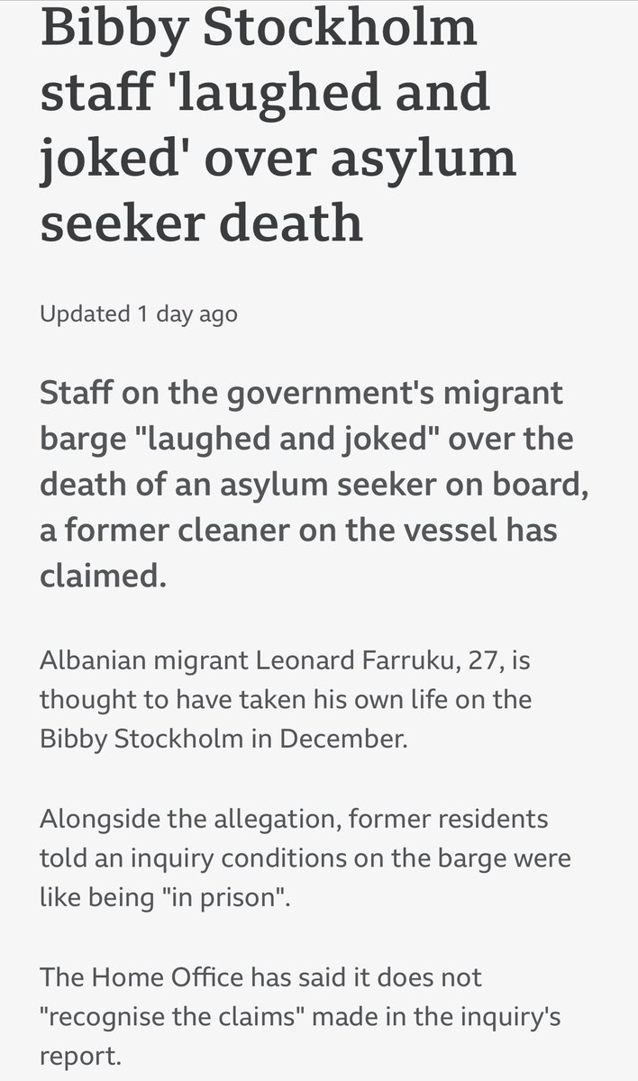 On Leonard’s death ‘Workers on the vessel, moored at Portland, Dorset, joked that there was 'one less Muslim mouth to feed' One of the most sickening things I’ve read. Bibby Stockholm staff 'laughed and joked' over asylum seeker death bbc.co.uk/news/uk-englan…