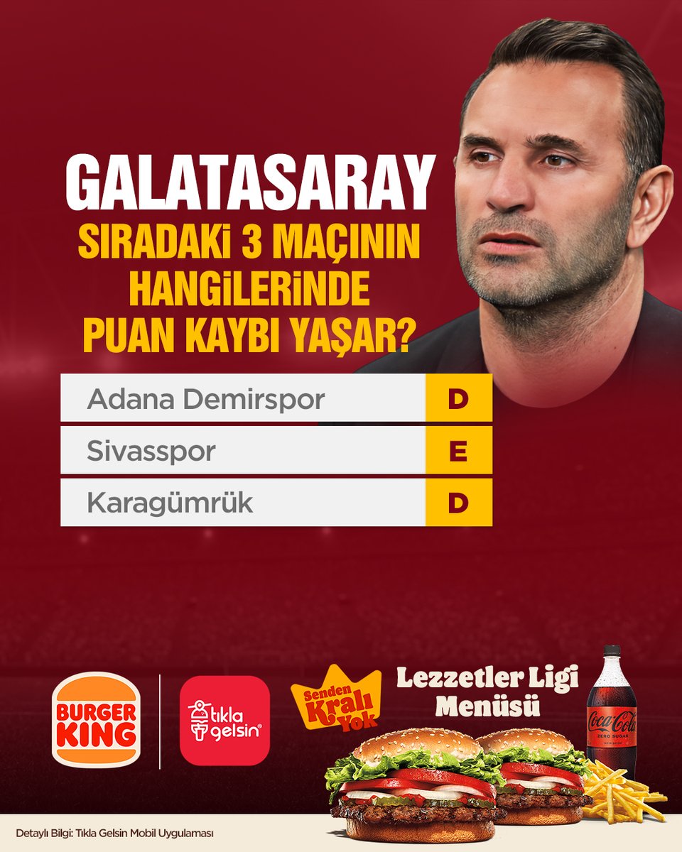 🟡🔴 Galatasaray sıradaki 3 maçının hangilerinde puan kaybı yaşar? 🔥@BurgerKingTR ile Fikstür Gelsin 📲 Hemen Tıkla Gelsin® uygulamasını indir, Burger King® Lezzetler Ligi Galatasaray Menüsü siparişini ver, Galatasaray'a kazandır! 🍔 👉 Sipariş için: t.ly/8a-cg