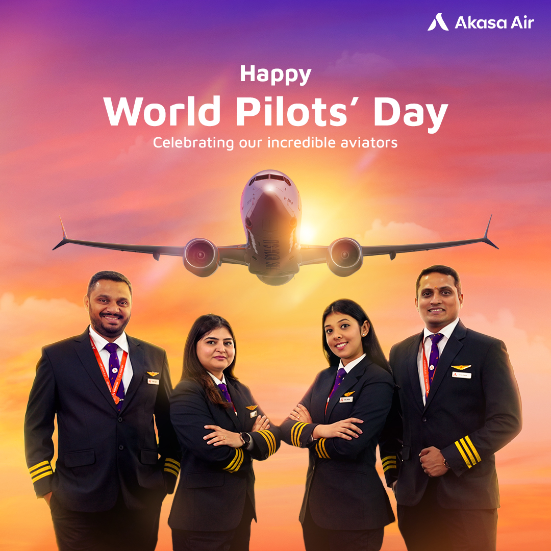 Here's to the passion, determination and spirit of our incredible pilots! 🧡💜 Wishing a Happy World Pilots' Day to all the amazing aviators. 👩🏻‍✈️👨🏻‍✈️ #AkasaAir #ItsYourSky #WorldPilotsDay #HappyPilotsDay