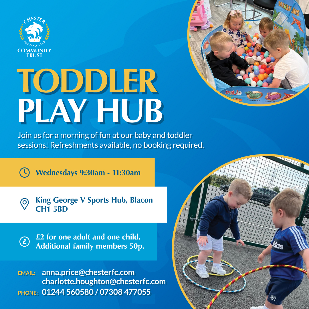 Did you know we host a weekly play group for parents and toddlers? 👶🧸 Come along on Wednesdays during term-time for a relaxed morning of fun, chat and refreshments. ☕ ✉️ For more details, email anna.price@chesterfc.com or charlotte.houghton@chesterfc.com.