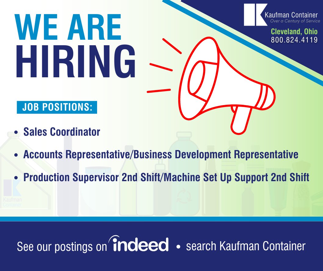 Kaufman Container is HIRING! 
See our postings on Indeed now: hubs.la/Q02v0SSd0

#Hiring #KaufmanContainer #Packaging #Cleveland #PackagingIndustry #Production