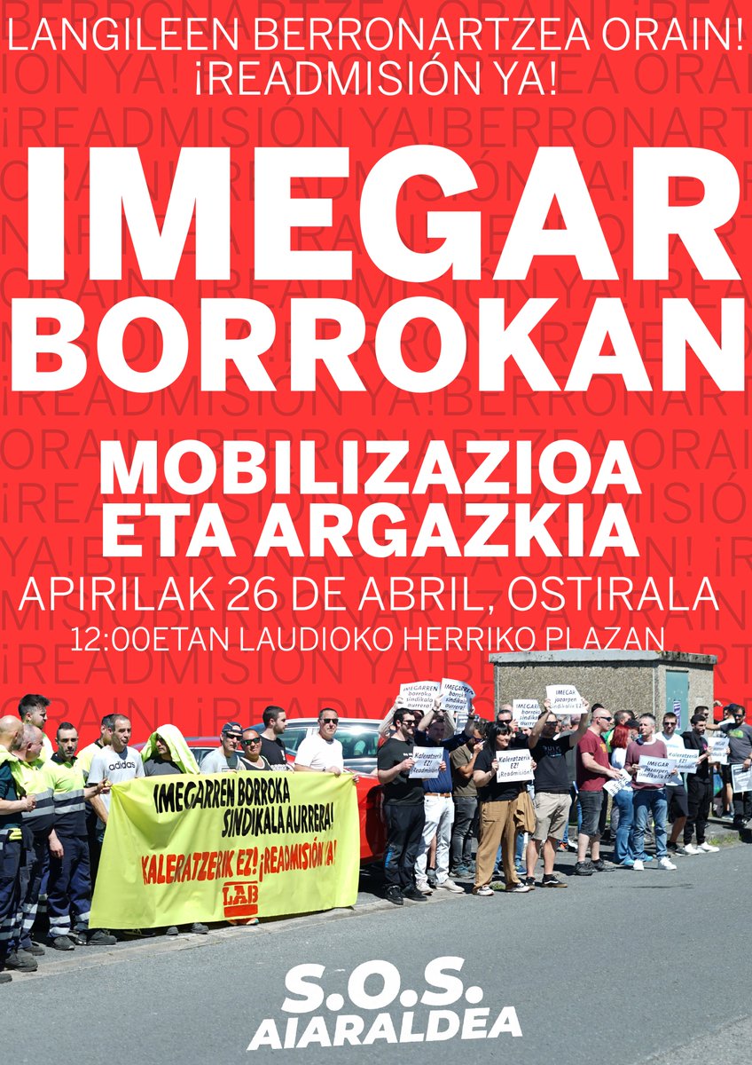 🔴 ADI! 🔴

📢 Imegarreko langileek astebete daramate greban, enpresak kaleratutako 2 pertsonak lanera berriz bueltatu daitezen

Bihar mobilizazioa eta argazkia egingo dute Laudioko Herriko plazan, 12:00etan, eta herritar guztiei luzatu diete bertaratzeko deia

Animatu! ✊✊✊