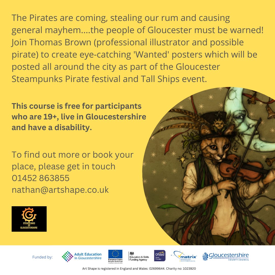 Pirate Posters! Come and make a poster Book your place: 01452 863855 or email nathan@artshape.co.uk #ArtShape #Local #GlosSteamPunks #Glos #TallShips #ArtShapeCourses #LearnIllustration #WantedPosters