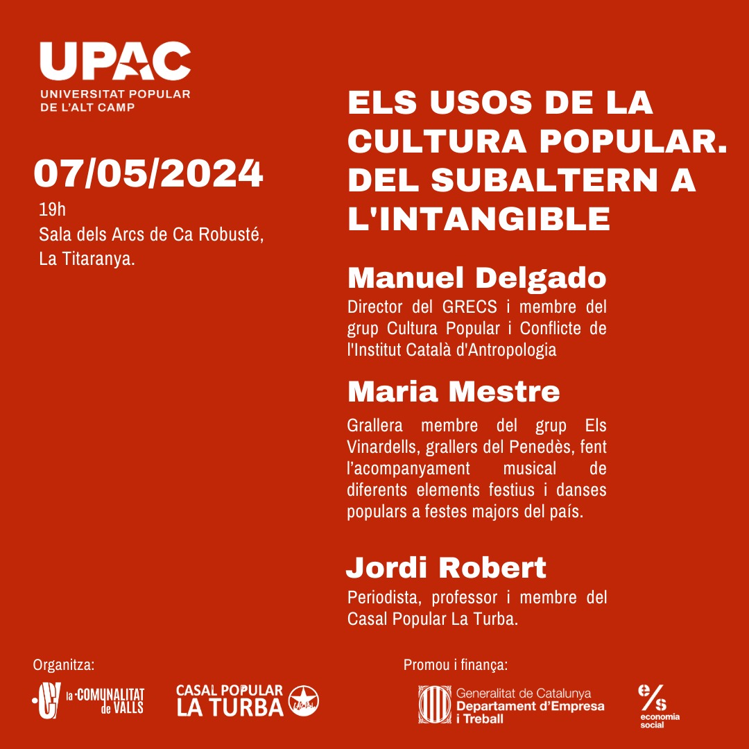 [NOU CURS] - La cultura popular com a element ideològic i antropològic de la societat.

1️⃣Començem el dia 7 de maig, amb una ponència de l'antropòleg i catedràtic @manueldelgador7, membre del grup de cultura popular i conflicte de l'Institut Català d'Antropologia.