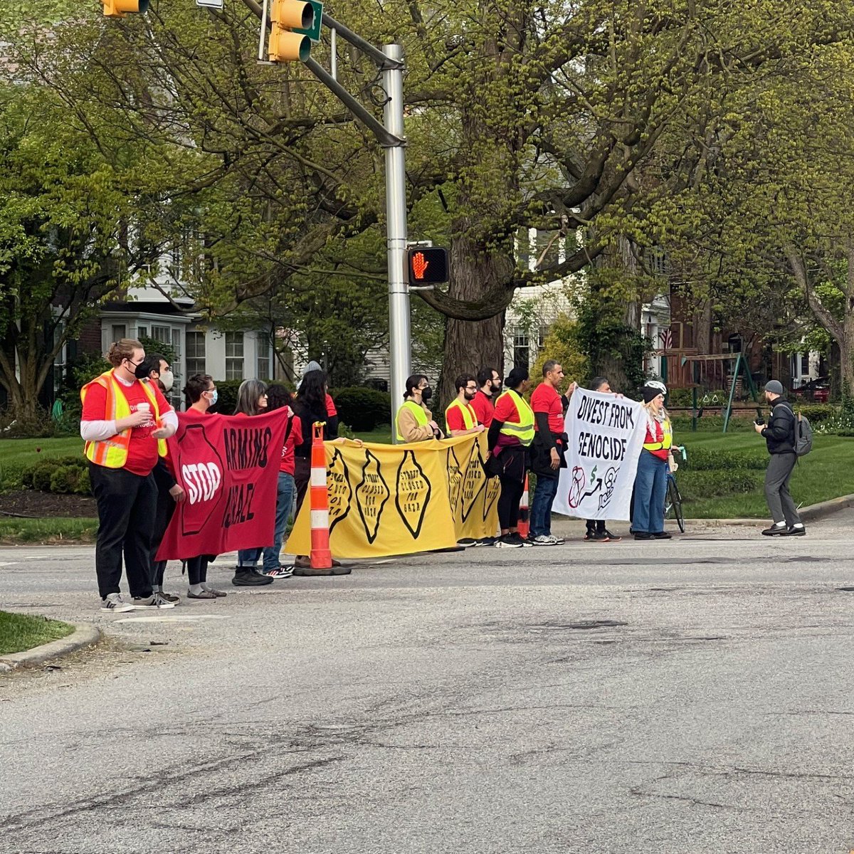 Protesters from the 'Protest For Cease Fire in Gaza' that started around 7:30 a.m. in Tarkington Park has spilled onto Meridian Street and is blocking traffic. Police scanner indicates IMPD is shutting down Meridian between 49th and 46th Street.