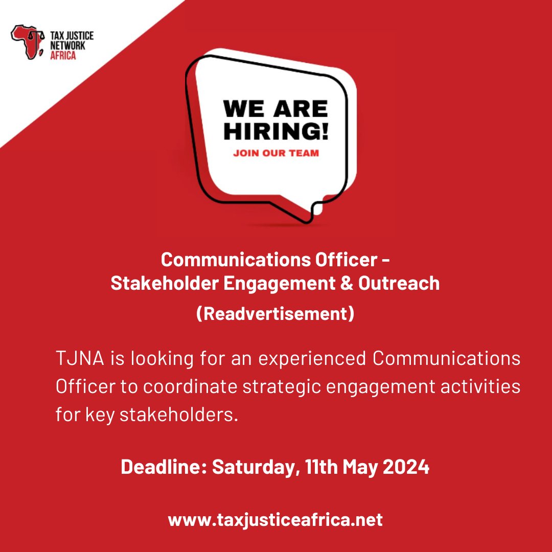 📢 We are hiring! TJNA seeks to recruit a skilled Communications Officer to join our communications team. Apply now 👉 tjna.me/49NlK9n #TaxJusticeAfrica Like, comment, share