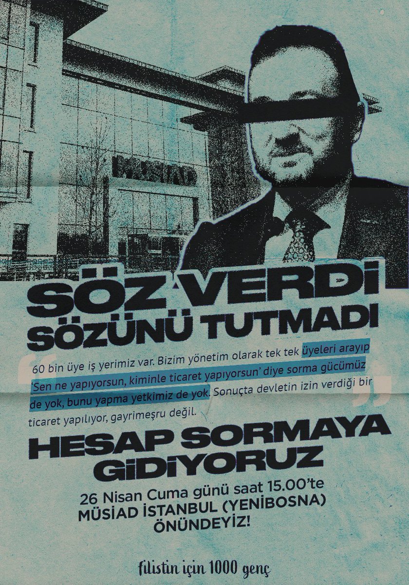 Kongre önünde yaptığımız eylemden sonra yapmak zorunda kaldığı açıklamasında İsrail ile ticaretini sürdüren üyelerini titizlikle inceleyeceğini söyleyen MÜSİAD, hiçbir çalışmada bulunmadı! Bu da yetmezmiş gibi MÜSİAD Başkanı Mahmut Asmalı son röportajında 'Bizim yönetim olarak…