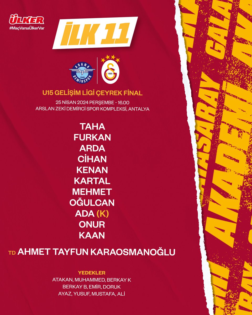 U15 takımımızın, Y. Adana Demirspor U15 maçı ilk 11'i ve yedeklerimiz 👇

#MaçVarsaÜlkerVar | @Ulker