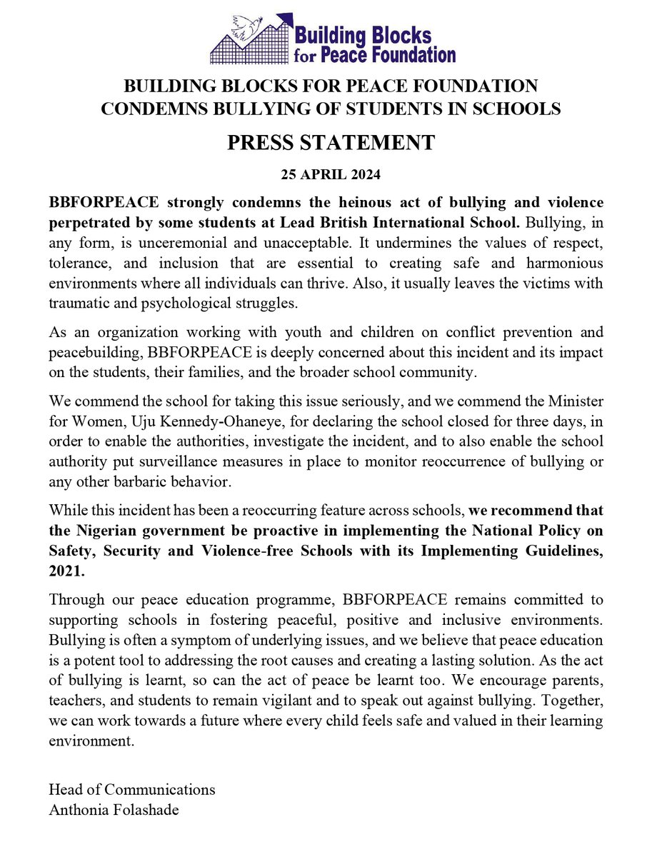 bbforpeace's tweet photo. 📢 Press Release!!!
As an organisation working with youth and children on conflict prevention & peacebuilding, @bbforpeace strongly condemns bullying in its entirety. We hereby encourage all and sundry to embrace #peace in all forms.
#BullyingIsBad #SayNoToBullying #bbforpeace https://t.co/PkEyhLtGxC