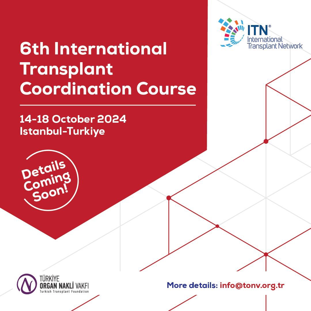 📢📢📢📢 14-18 Ekim’de yapılması planlanan “6th International Transplant Coordination Course” İstanbul - Türkiye’de gerçekleştirilecektir. Kurs detayları çok yakında duyurulacaktır. #organtransplantation #transplantcoordination #transplant #organdonation