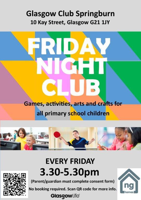 Friday Night Club is back! FREE sessions aimed at those aged P1 - P7 run by partners Glasgow Life Families tomorrow from 330pm down at Springburn Sports Centre! Come along for games, activities, arts, crafts & more! Find out more 👇 #ngactive #FridayNightClub