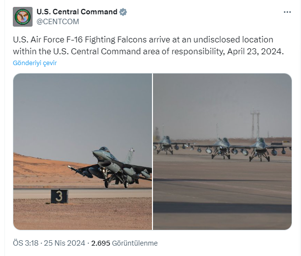RassdHaber's tweet photo. ABD Hava Kuvvetleri, F-16 Fighting Falcons savaş uçaklarının, ABD Merkezi Komutanlığının sorumluluk alanı içinde açıklanmayan bir konuma vardığını duyurdu. https://t.co/4paJSCU4xs