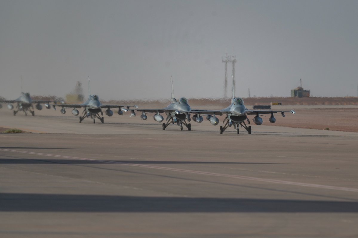 U.S. Air Force F-16 Fighting Falcons arrive at an undisclosed location within the U.S. Central Command area of responsibility, April 23, 2024.