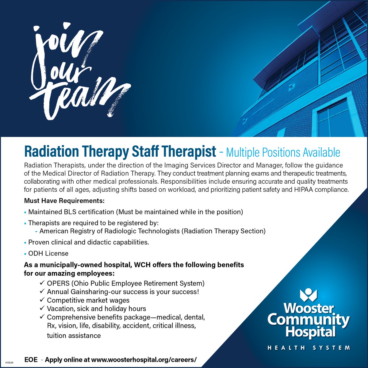🌟 Join our Incredible Team at Wooster Community Hospital! 🌟 🏥 Radiation Therapy Staff Therapist Wanted 🏥 📝 **To Apply:** Simply click the link below 👇 workforcenow.adp.com/mascsr/default…