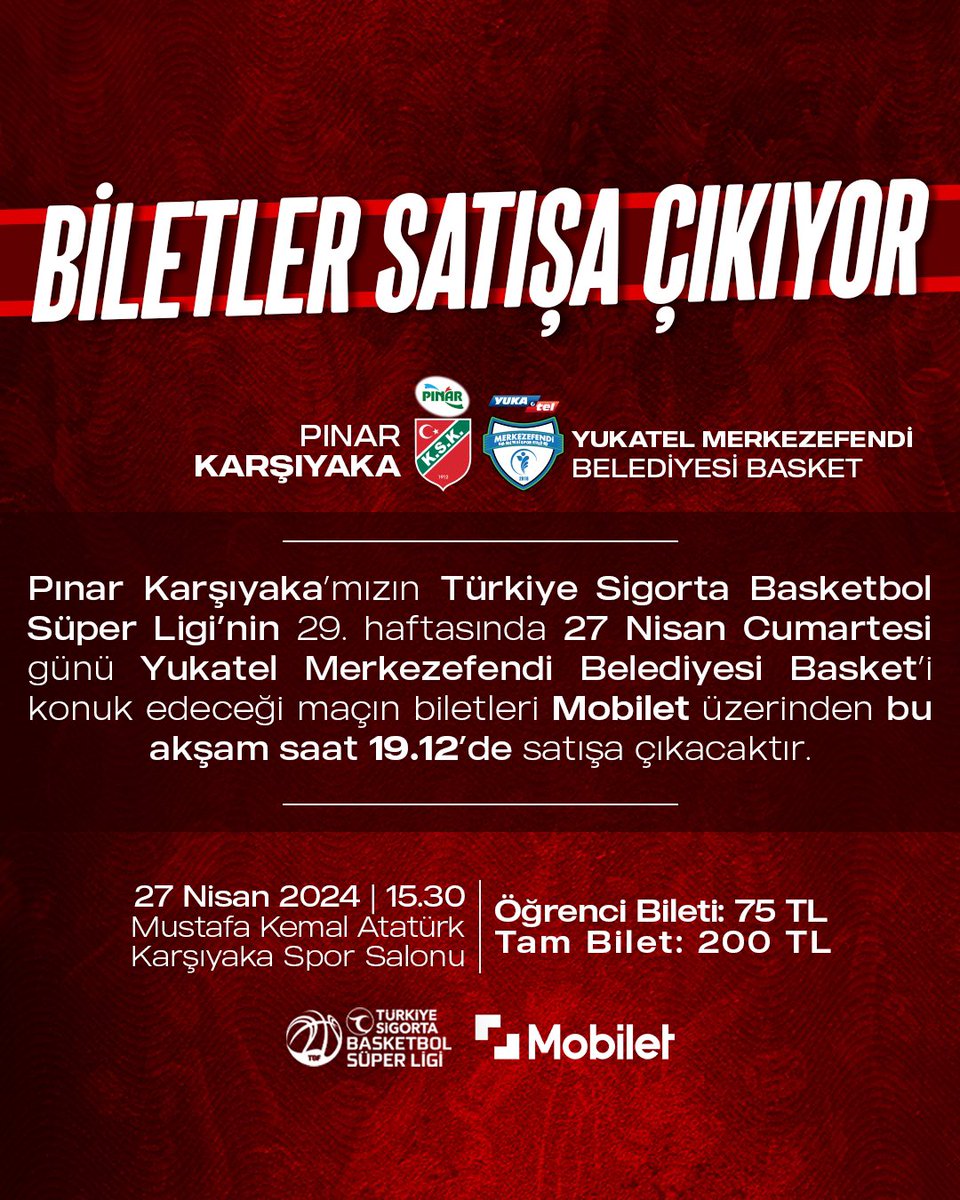 📢 Pınar Karşıyaka’mızın Türkiye Sigorta Basketbol Süper Ligi’nde 27 Nisan Cumartesi günü Yukatel Merkezefendi Belediyesi Basket’i konuk edeceği maçın biletleri hakkında bilgilendirme ⤵️