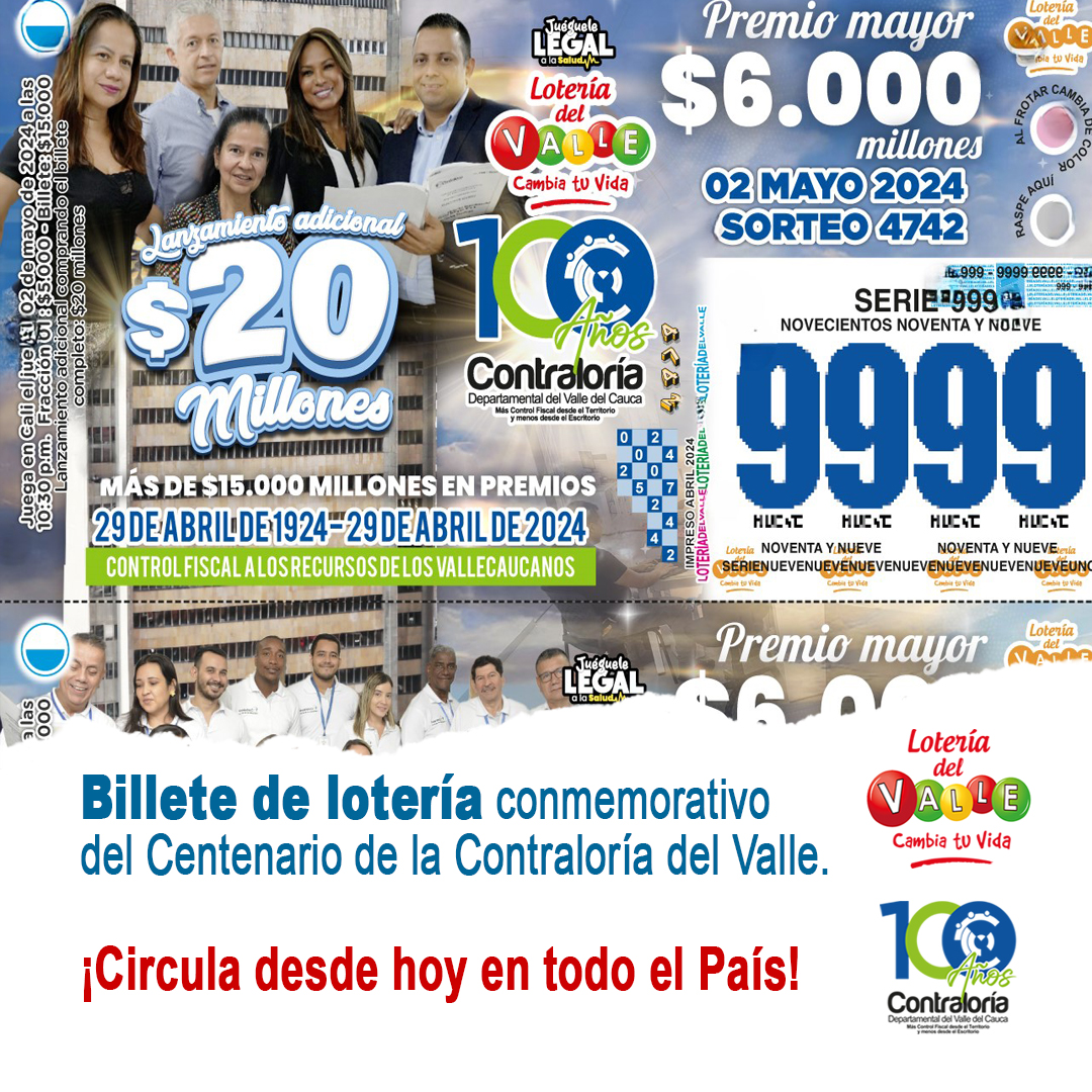 ContraloraValle's tweet photo. Contraloría Valle del Cauca cumple 100 años este #29Abril. La @loteriadelvalle lo conmemora con un billete especial que circulará desde #HOY.  Conoce más actos culturales conmemorativos:https://t.co/ycorth8ITG https://t.co/KtmnMkIKbk