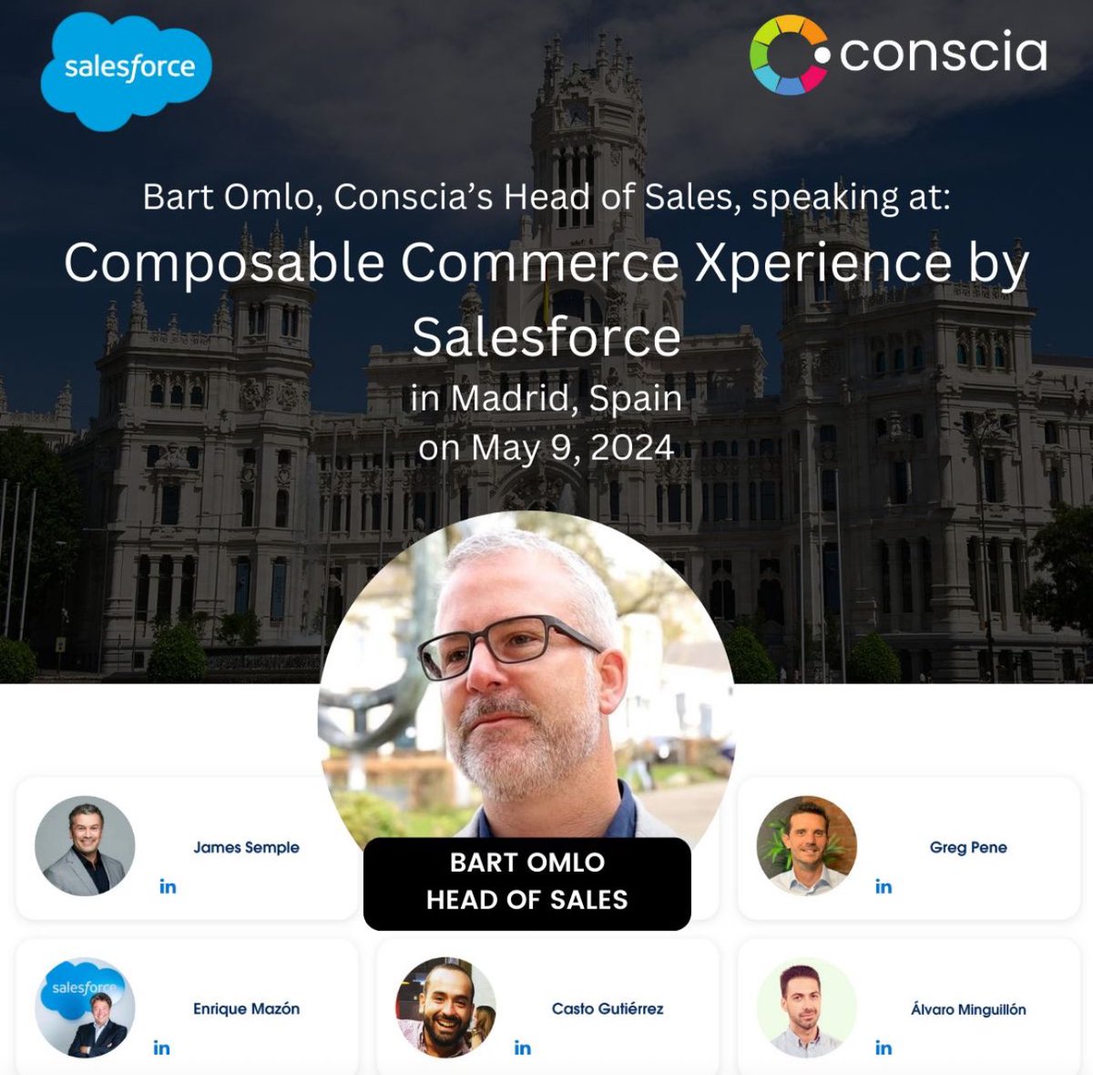 Looking foward to be speaking in Madrid on May 9th about how <a href="/Conscia_ai/">Conscia.ai</a> can accelerate Salesforce <a href="/CommerceCloud/">Salesforce Commerce Cloud</a> customers to go #composable! 🔥 

Register here: invite.salesforce.com/composablecomm…

#composable #orchestration #b2c #b2b