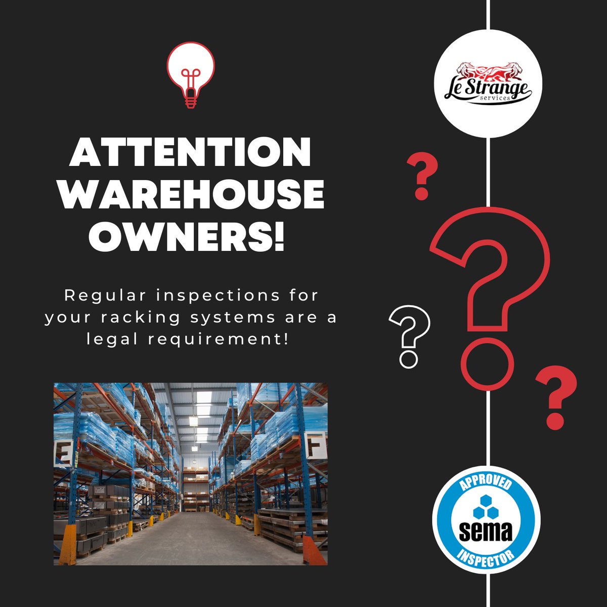 LeStrange68's tweet photo. We offer comprehensive racking inspections to ensure compliance and safety. Our qualified professionals conduct thorough assessments to minimise the risks of danger in your warehouse.

Call us on 01629 584 312 or read more here - https://t.co/bBwUpfY24c

 #rackinspections https://t.co/cMYtVZ6IS7
