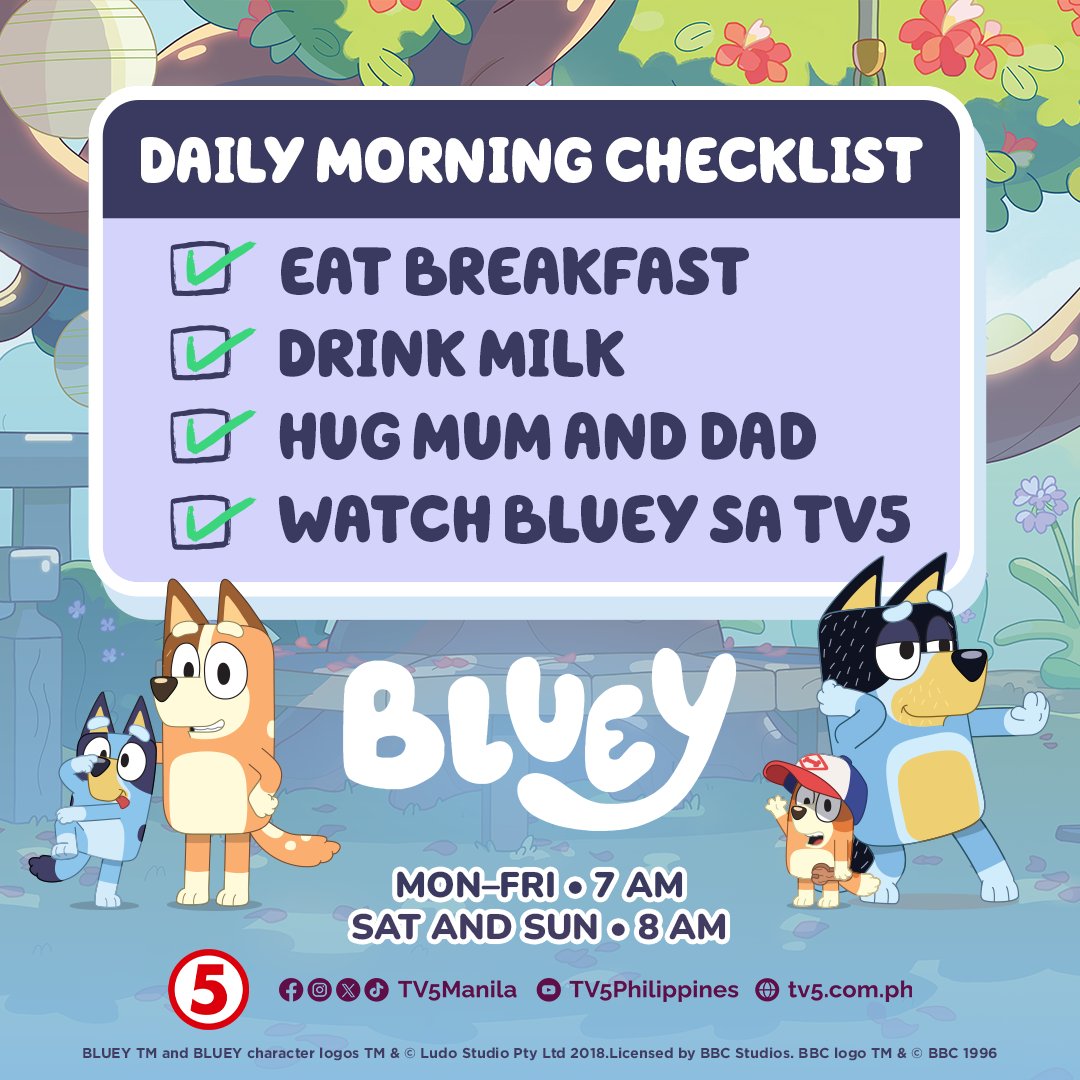 May checklist ang Bluey and fam para masigurong perfect ang simula ng araw n'yo! Follow the reminders at maki-bonding na sa kanila every morning! Watch #BlueyTV5 now in Tagalog, WEEKDAYS, 7AM, at WEEKENDS, 9AM sa #GandangMorningsTV5!