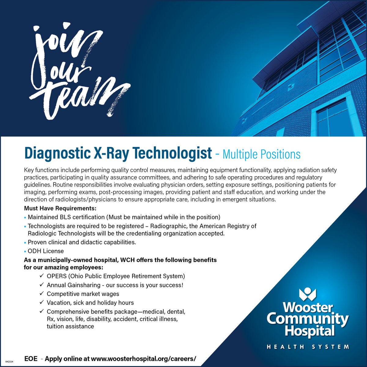 🌟 Join our Incredible Team at Wooster Community Hospital! 🌟 🏥 Diagnostic X-Ray Technologist Wanted 🏥 📝 **To Apply:** Simply click the link below 👇 workforcenow.adp.com/mascsr/default… #XRayTechJobs #HealthcareCareers #WoosterCommunityHospital 🌟