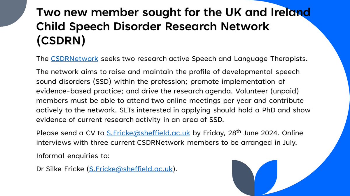 Are you a research active Speech and Language Therapist with a PhD and interested in #SpeechSoundDisorders #SSD? The UK and Ireland Child Speech Disorder Research Network (@CSDRNetwork) is looking for two new members. Apply by 28 June 2024. @RCSLTResearch @RCSLT @ClinAcSLT