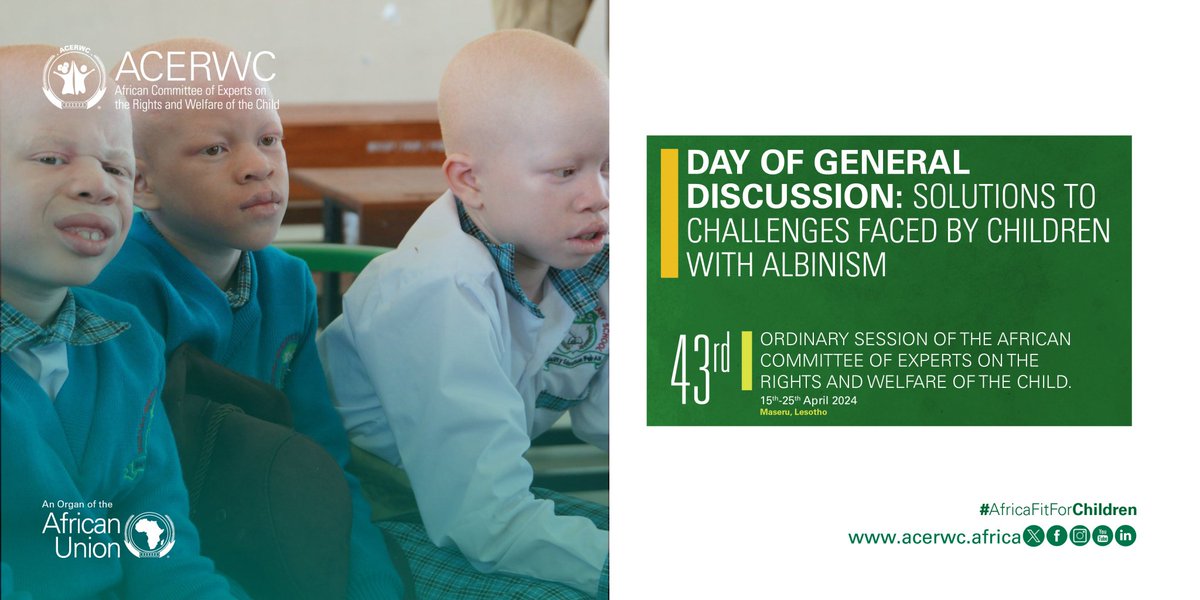 acerwc's tweet photo. Outcome Statement of the Day of General Discussion on Solutions to challenges faced by #ChildrenWithAlbinism.
Read the statement on: https://t.co/nTzybchsfY
#ACERWC43 #Albinism https://t.co/sAciA2kZyM