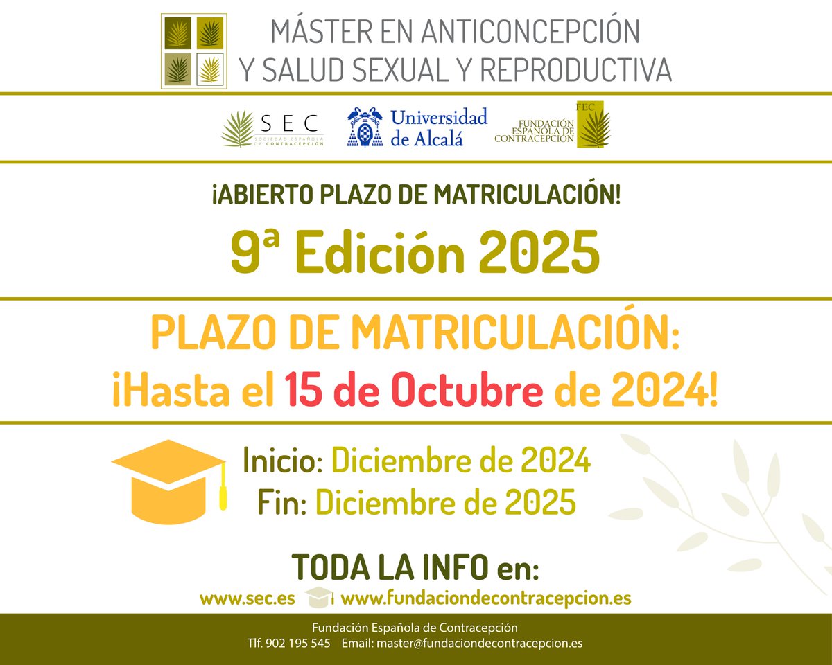Abierto Plazo de Matriculación para el  9º Máster en Anticoncepción y Salud Sexual y Reproductiva: Toda la información en:
sec.es/fec/master-en-…