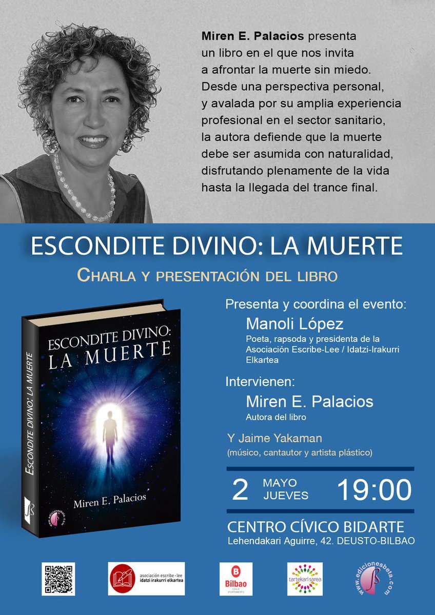 mirenepalacios's tweet photo. 2 de mayo a las 19:00 horas en el Centro cívico de Bidarte. Deusto. Bilbao  #presentación #ensayo #EsconditeDivinoLaMuerte #MirenEPalacios #poetry #poetrycommunity #writer #writerscommunity #EdicionesBeta #Bilbao #gracias @EdicionesBeta
👇
https://t.co/QmyKP0tglO https://t.co/tGXAMovDgj