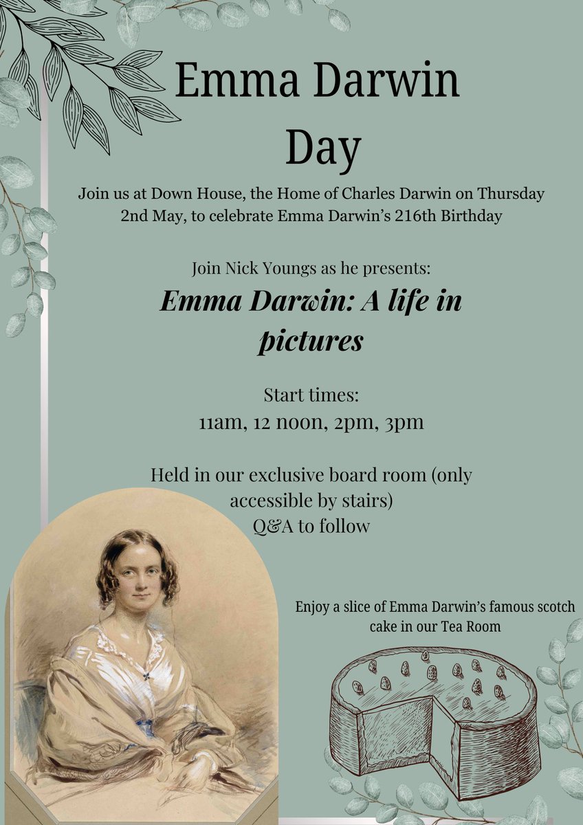 Join us on Thursday 2nd May for Emma Darwin's 216th Birthday. Come along to one of our presentations, Emma Darwin: A life in pictures. Don't forget to visit our lovely tearoom and try out Emma Darwin's very own Scotch cake recipe. We look forward to welcoming you then.