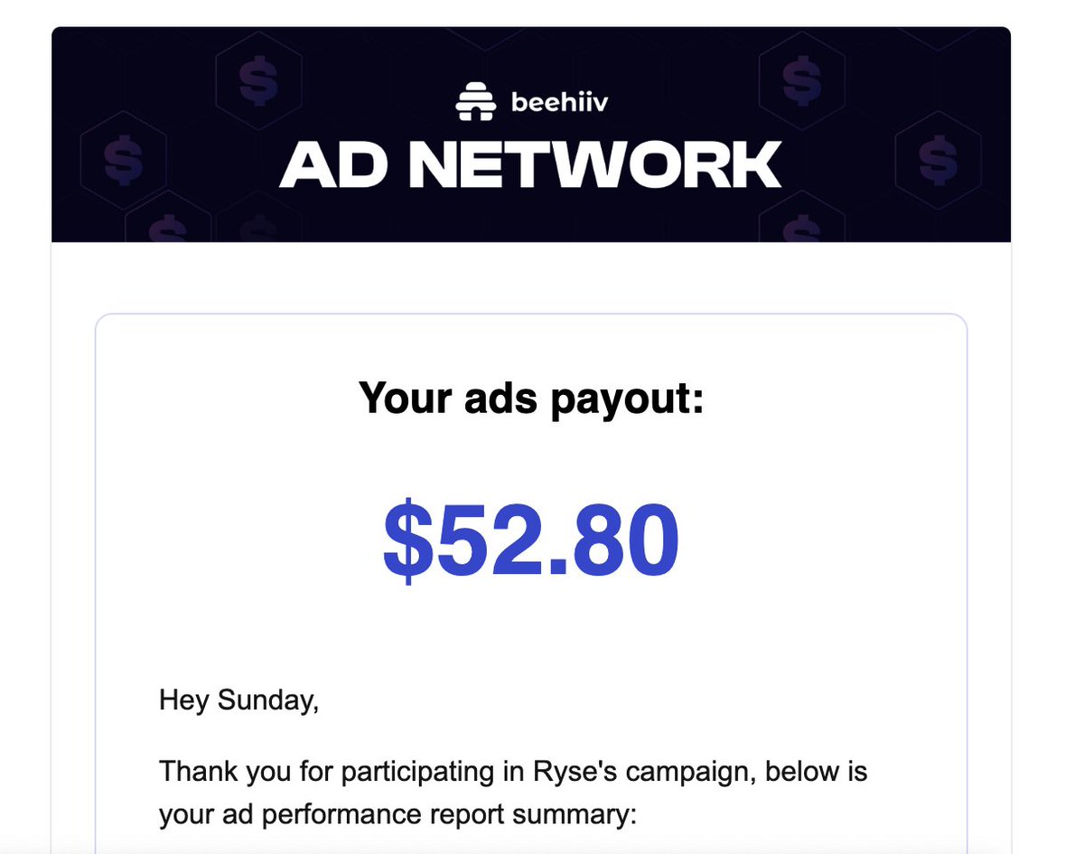 I love @beehiiv This is an ad payout on my last issue of @sundaymoneyx - this number will increase as I grow the newsletter. I am adding new subscribers every day. Time to pour some fuel on the 🔥