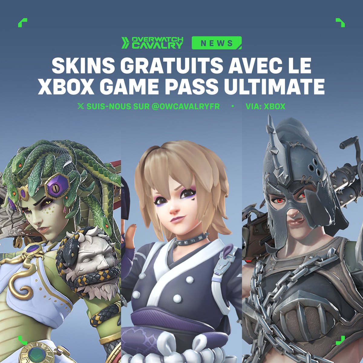 OWCavalryFR's tweet photo. De nouveaux avantages #Overwatch2 ont été ajoutés au Xbox Game Pass Ultimate 🟢

Réclamez le pack avantage de la saison 10 jusqu'au 19 juin :

🐍 Skin légendaire Fatale Méduse
⛓️ Skin légendaire Reine des Junkers Exécutrice
🎤 Skin épique Kiriko Visual Kei https://t.co/K34CPRldXN