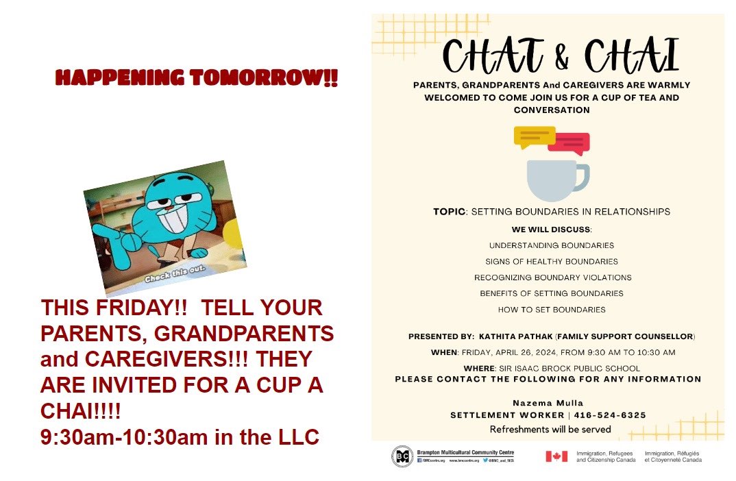 Good morning SIB families…you’re invited!!!  Please join us tomorrow morning for our community #chaiandchat <a href="/fiorinipeel/">Paul Fiorini</a> <a href="/AtheiaGrant/">A. Grant</a> <a href="/BMC_and_MCS/">Brampton Multicultural Centre (BMC)</a> <a href="/PeelSchools/">Peel District School Board</a>