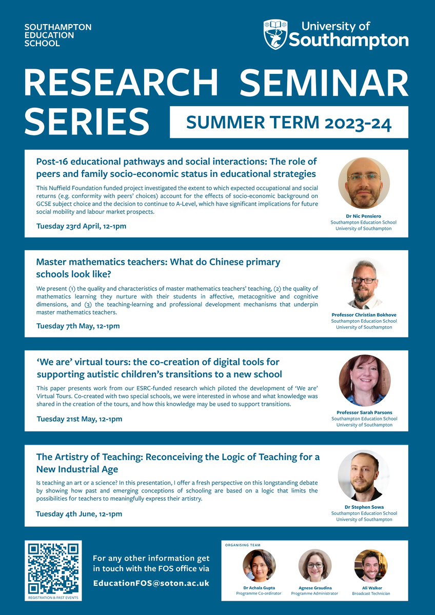 For our next SEdS Research Seminar, we welcome Prof Christian Bokhove from Southampton Education School @unisouthampton @CRI_UoS 'Master mathematics teachers: What do Chinese primary schools look like?' 🗓️Tuesday 7th May ⏰12-13:00