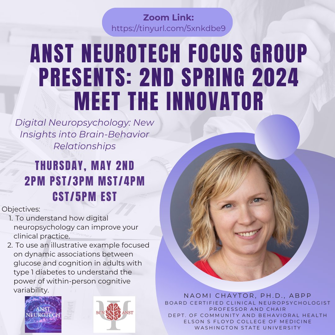 Where are you going to be a week from today? Hopefully at our next Meet the Innovator talk with Dr. Chaytor! Join us on May 2nd to learn more about digital neuropsychology. More details below!  

Zoom Link: tinyurl.com/5xnkdbe9