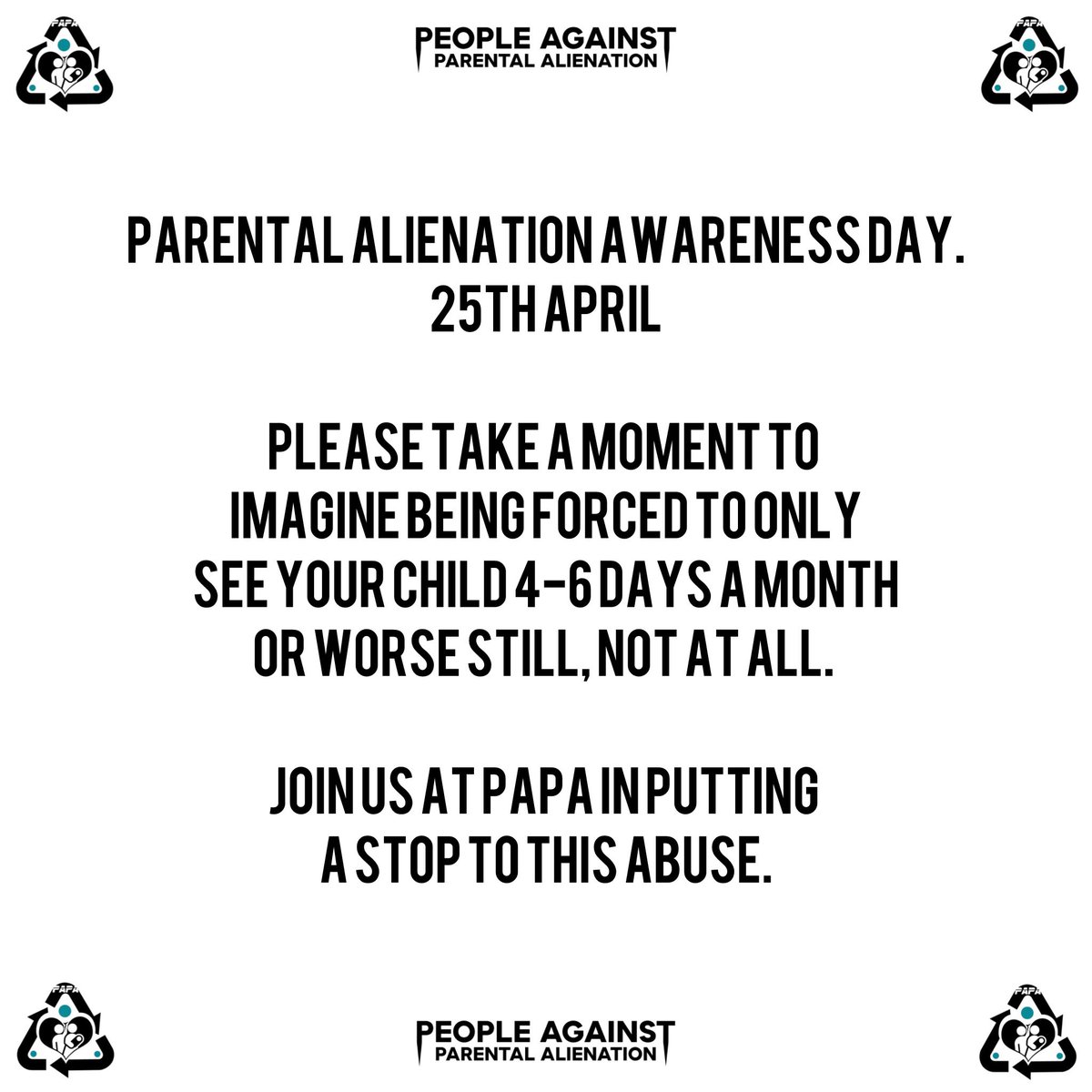 Join us at PAPA in putting stop to this abuse! 💪❤️♻️

papaorg.co.uk 

#papa #peopleagainstparentalalienation #parentalalienation #familylaw #familycourt