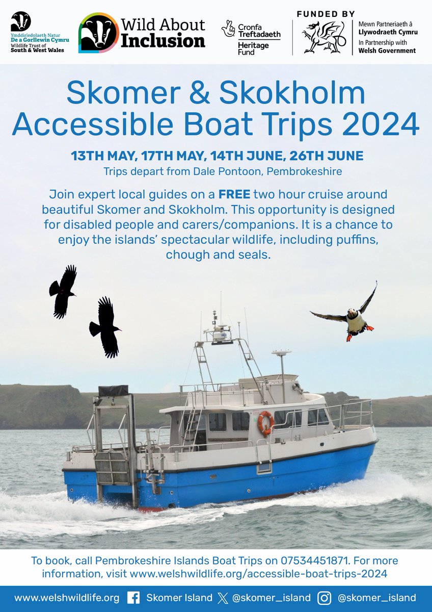 We're committed to improving access and have introduced accessible boat trips round Skomer and @SkokholmIsland this season - designed for disabled people and carers/companions, these trips are totally FREE. To book, please call 07534 451871. More info: tinyurl.com/mryx6x6c