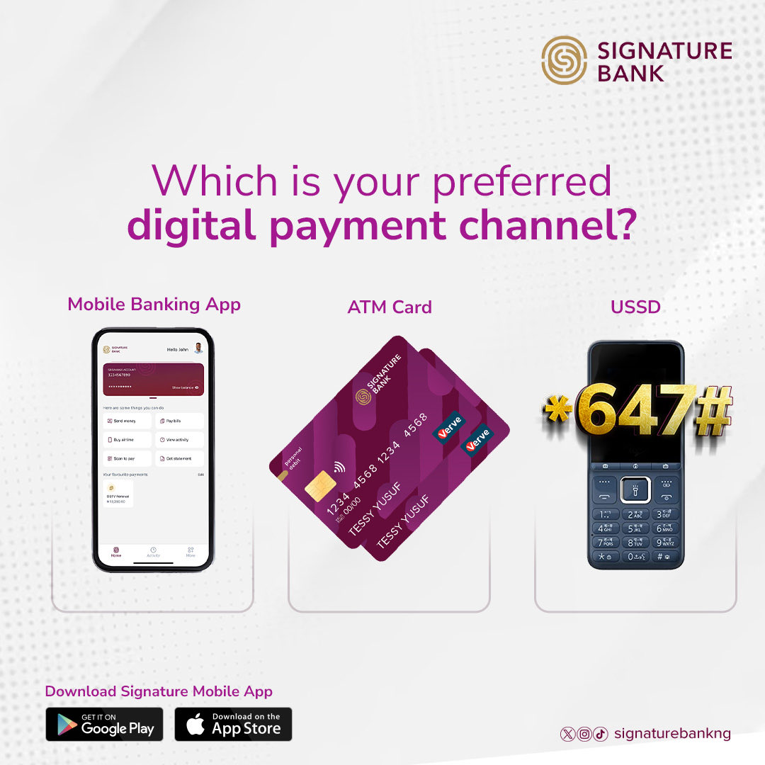 Ever experienced the satisfaction of making payments with any of our digital banking channels? It's swift, seamless, and smooth. Its basically hassle-free!

Let us know which of these digital channels you prefer for your payments.

#SignatureBankNG #MakeYourMark #DigitalChannels
