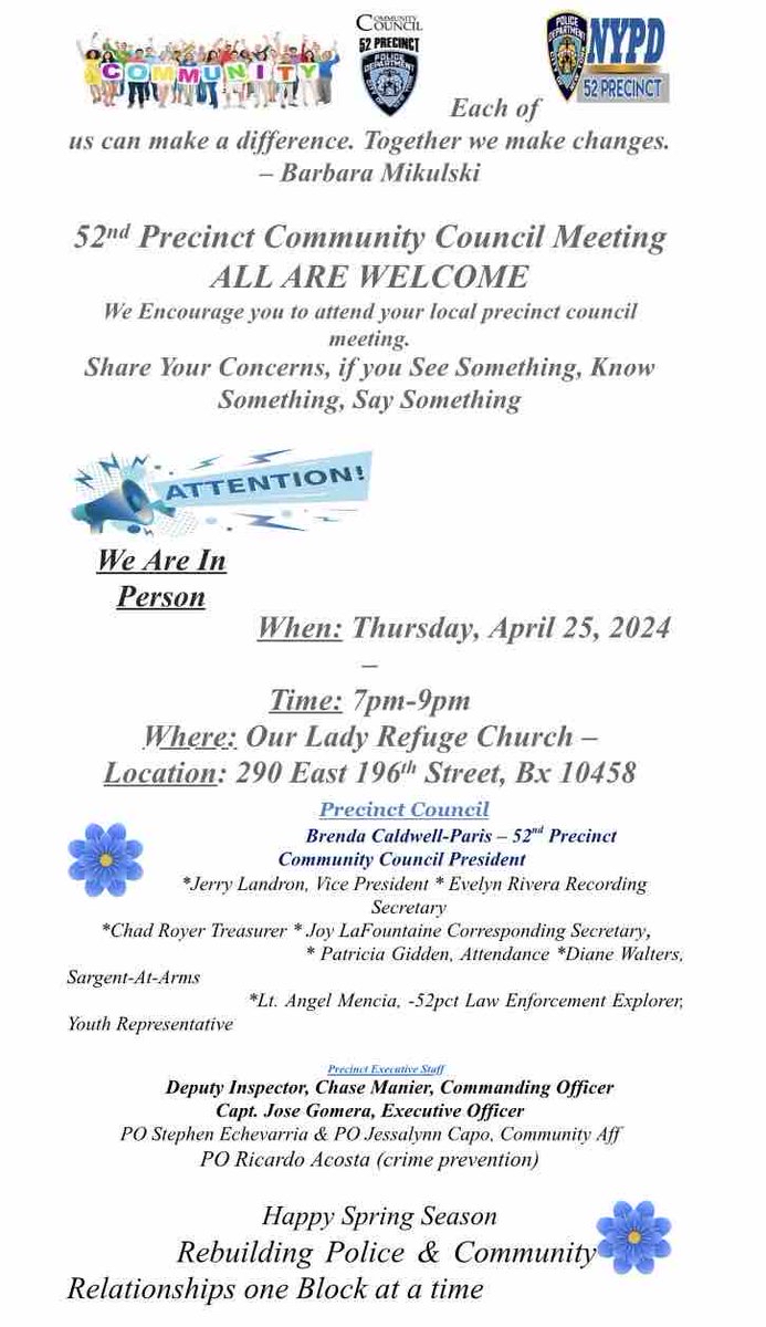 🚨Today 52 Precinct Community Council Meeting The meeting will take place in person Thursday April 25, 2024 at 7:00pm Location: 290 East 196 Street (Our Lady of Refuge Church) Come and express your concerns. Details for entry listed below: ⤵️⤵️⤵️⤵️