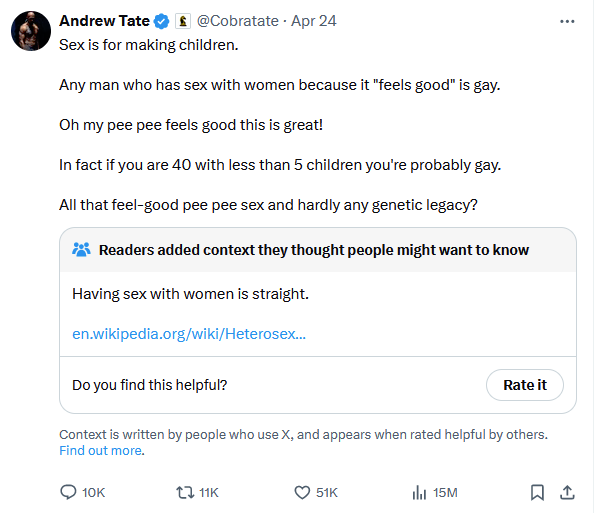 I think by now most people will have sussed that Andrew Tate is struggling very, very hard with his repressed homosexuality hence why he despises women as much as he does.