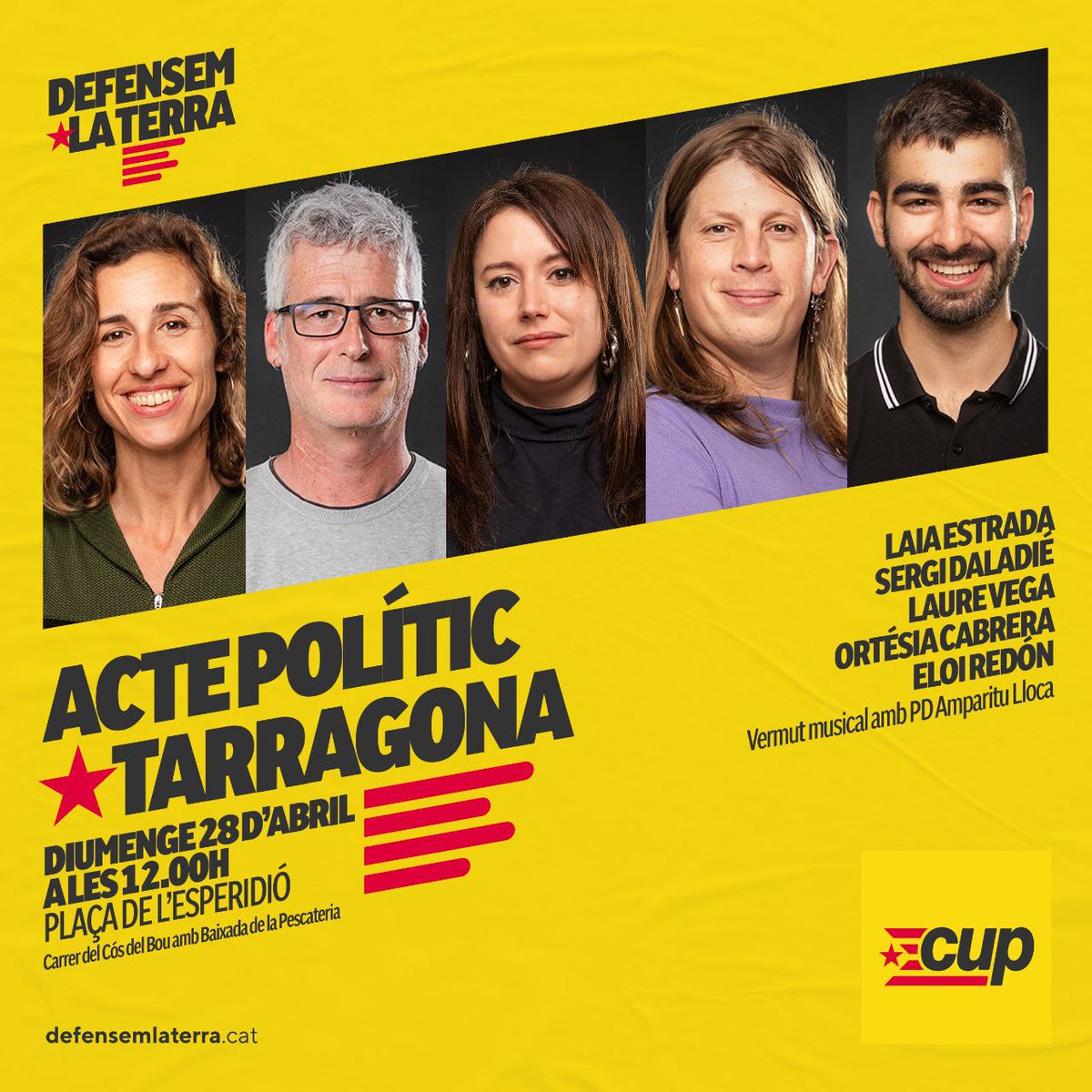 🟡 Acte polític aquest diumenge a Tarragona!!!

Hem de ser-hi totes per donar força i empenta als qui defensen la terra i lluitaran per un país lliure, socialista, feminista i ecologista! 

#DefensemLaTerra