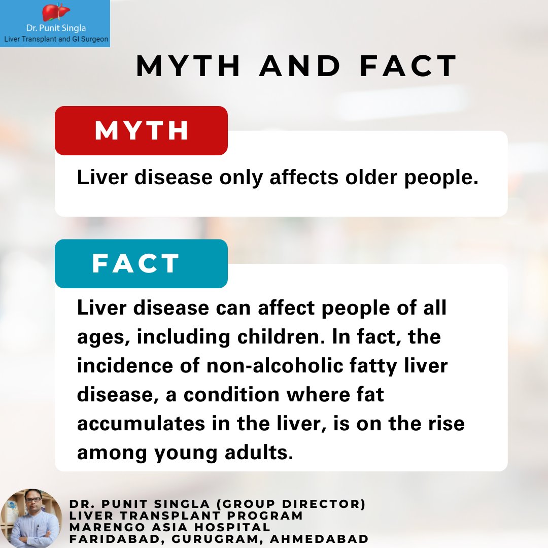 Myths and Facts: About Liver Disease

#punitsingla #livertransplantsurgeon #livertransplantdoctor #livertransplant #liverdisease #liverdiseasetreatment #disease #mythsandfacts #mythsandfactspost #myth #facts