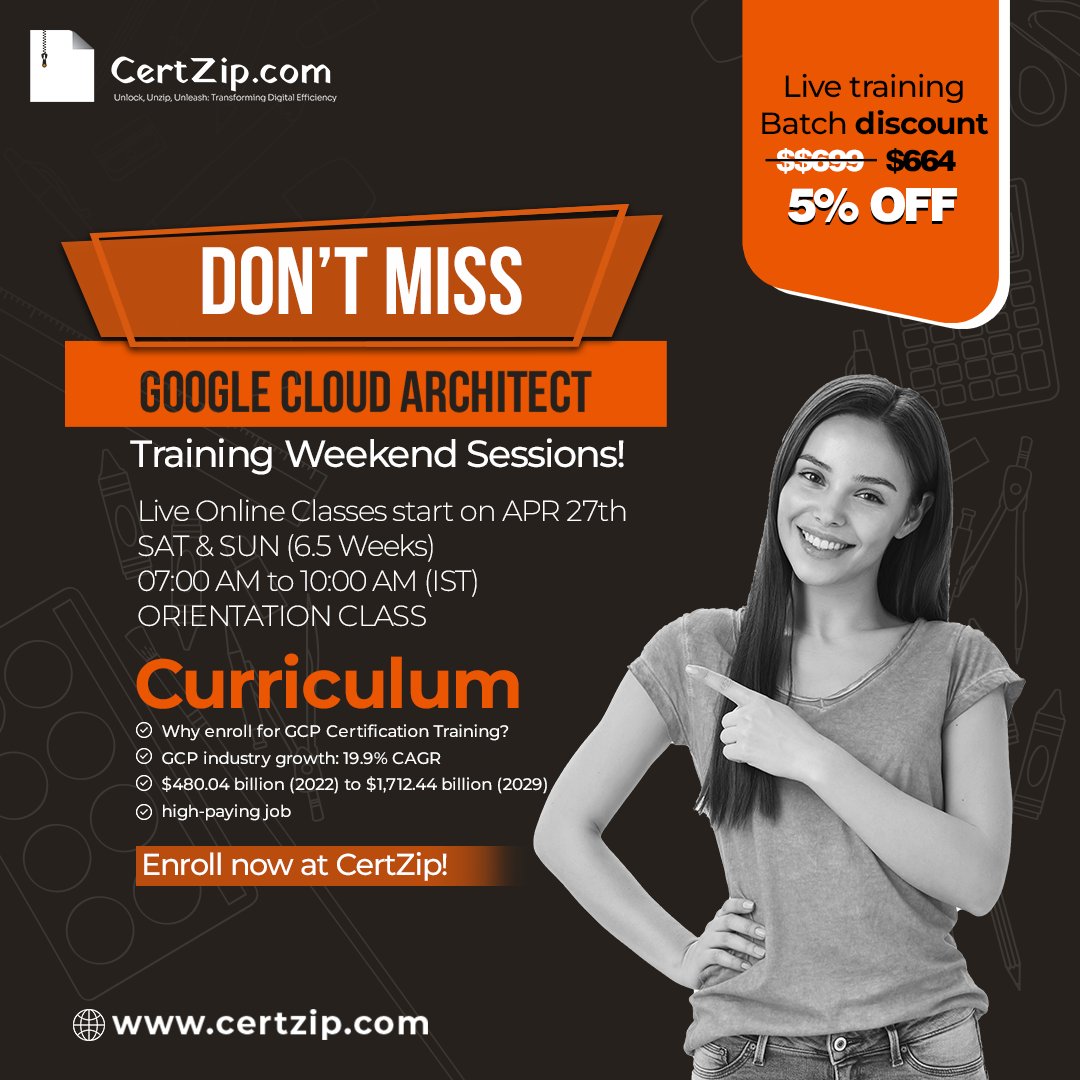 CertZip's tweet image. Upgrade your career with Google Cloud Architect Training! Don&apos;t miss our weekend sessions starting APR 27th, 07:00-10:00 AM IST. Enroll now for a high-paying job in the growing GCP industry! 
--
Enroll Now: certzip.com
.
.
#certzip #GoogleCloudArchitect
#GCPTraining